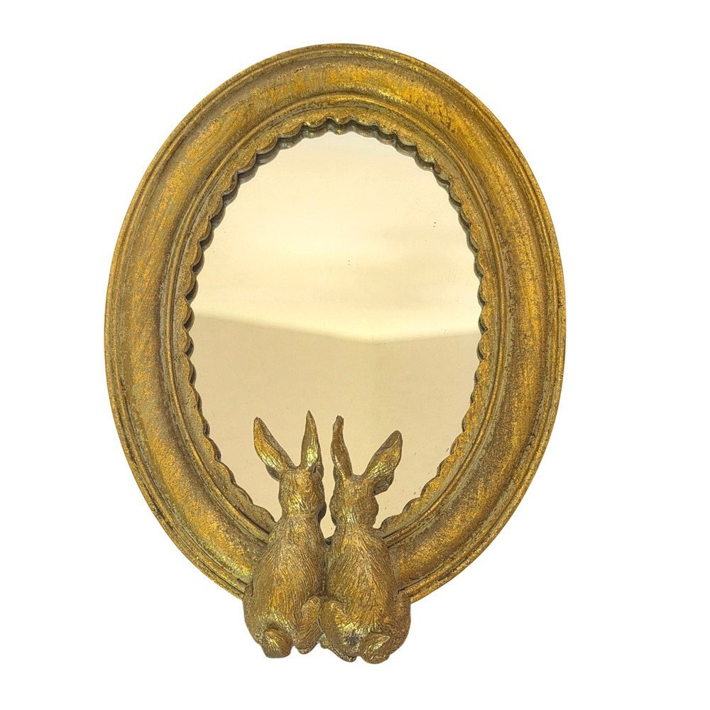 Gold Bunny Rabbit Oval Mirror Tabletop Wall Decor Distressed Whimsical Animal